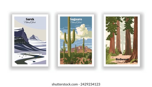 Redwood, Nationalpark. Saguaro, Nationalpark. Sarek, Nationalpark - Vintage Reiseplakat. Vektorgrafik. Qualitativ hochwertige Ausdrucke