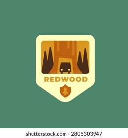 Redwood national park sticker vector. Retro travel badge with drive-thru giant tree tunnel, camper car and forest, California landmark flat illustration isolated on green background.