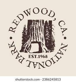 Redwood, National and State Parks, CA, USA Silhouette Postal Passport. Stamp Round Vector Icon. Design Travel Postmark. 