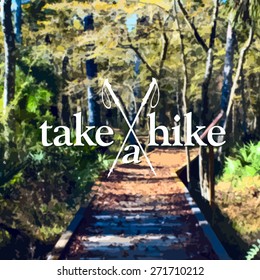 A redwood path invites you to Take A Hike in the forest. Radial blur on my photograph. Vector EPS-10 file, transparency used. 