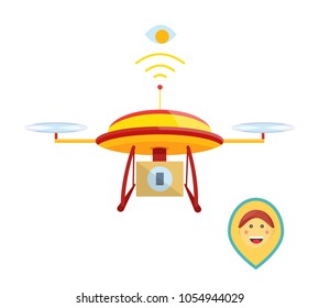 Red-yellow delivery drone concept with box, phone, products. Eye search smile client in geolocation icon. Drone with goods flying in the air. drone-courier.
Modern flat style vector illustration. 