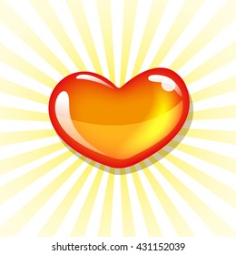 Red-yellow glossy heart with rays vector illustration. For your projects & greeting cards