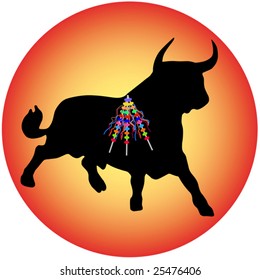 red-yellow gradient colored circle with a black bull and colorful banderillas