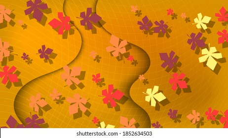 red-yellow maple leaves on a background of overlapping abstract orange shapes with wavy edges. autumn 3d art wallpaper. vector