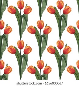 red-yellow tulips vector seamless pattern on a white background. For the design of postcards, prints, textile tulips in vector