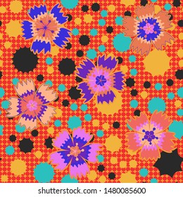 Red-yellow-black-blue seamless pattern. Carnations and multipath stars.