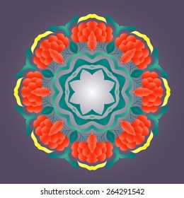 Red-yellow-green floral circular pattern on a gray-green background.