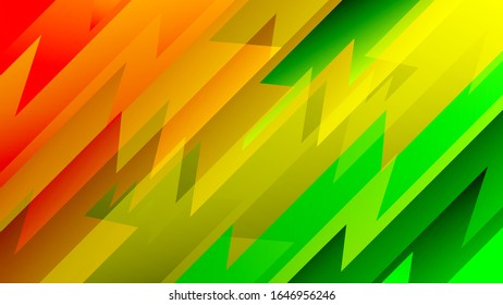 red-yellow-orange-green diagonal translucent stripes of different sizes and serrated edges. multicolor art wallpaper. vector

