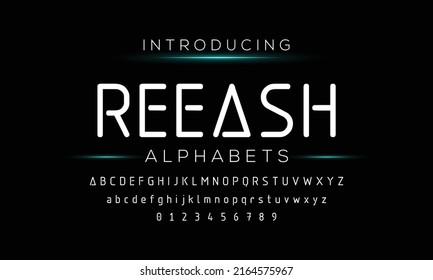 REEASH Luxury Minimal Modern Tech Alphabet Letter Fonts. Typography minimal style font set for logo, Poster. vector san sans serif typeface illustration.