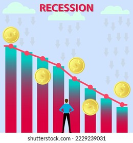 Reecession, Stock market, Bear market, Economic downturn, collapse finansial crisis, dollar coin, Down Arrow, 2023