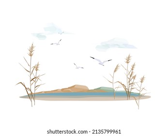 Reed cane thickets on the shore of the lake with birds gulls in the sky with clouds against the backdrop of the mountains. Vector illustration. 