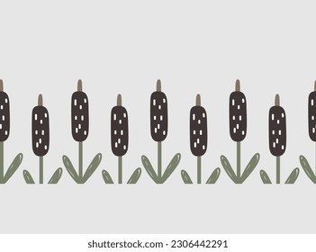 Reed, Cattail, Cane Doodle hand drawn Seamless Border in Scandinavian Style. Vector Cartoon Background.