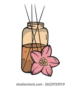 Reed diffuser. Aromatherapy oil and sticks. Lotus flower and SPA accessories. Vector illustration for sticker, print, icon. Image isolated on white background