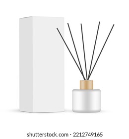 Reed Diffuser Bottle With Black Aroma Sticks, Paper Box, Side View, Isolated on White Background. Vector Illustration