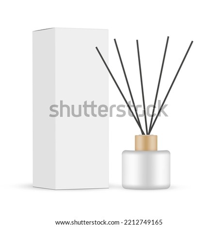 Reed Diffuser Bottle With Black Aroma Sticks, Paper Box, Side View, Isolated on White Background. Vector Illustration