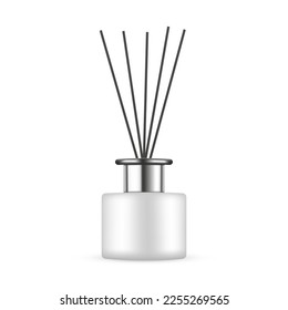 Reed Diffuser Bottle with Metal Cap, Black Aroma Sticks, Isolated on White Background. Vector Illustration