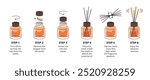 Reed diffuser instruction. How to use essential aroma oil diffuser with sticks for home fragrance. Perfume air freshener step by step guide vector illustration.