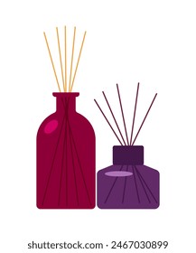 Reed diffusers. Glass bottle, sticks, essential oil, fragrance. Aromatherapy, ultimate wellness, health care, sleeping well, freshness at home. Minimalist vector illustration, isolated on white