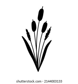 Reed Grass Silhouette. Black hand drawn Reeds Sketch. Vector isolated element.