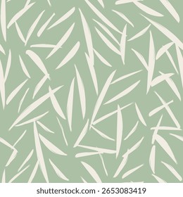 Reed leaves seamless pattern of brushstroke light leaf shapes on a green background. Monochrome hand-drawn cane painting plant illustration. Abstract nature botanical foliage endless background.
