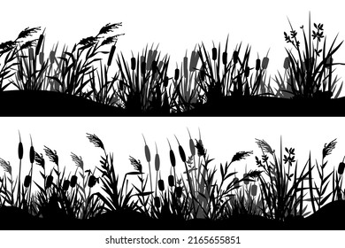 Silhouette de junco  Borde de la franja de pasto de cola negra  banderas horizontales de vegetación de pantano  vista de pastizales  Elementos de fondo paralelos del vector  Elementos botánicos  follaje veraniego orillas del río