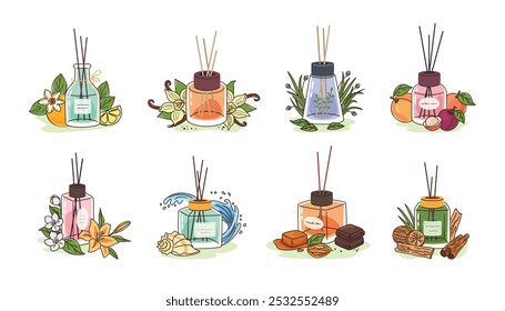 Reed varas difusor tipos de perfume. Garrafas de vidro de aroma com citrinos, especiarias orientais, grama fresca, frutas e notas de fragrâncias de gourmand. Flores, aquático e woody perfumes conjunto de ilustração vetor.