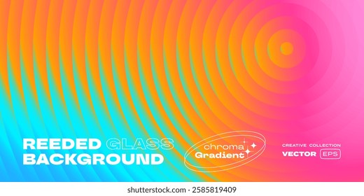 Reeded glass background. Circular fractal glass effect with color gradient for trendy Y2K design poster. Vector modern gradient background with glass displacement effect of 3D ribbed glass texture