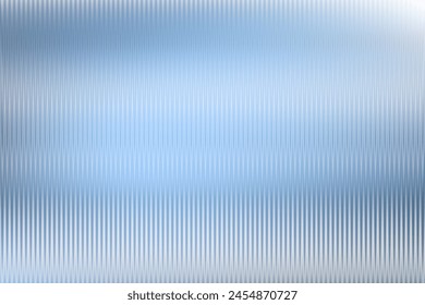 Reeded glass with blurred sky blue background. Refraction texture acrylic ribbed bath separation wall. Frozen ice premium packaging foil overlay. Wavy vertical line stripes pastel polycarbonate panel