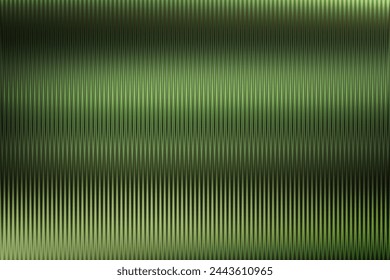 Reeded green glass abstract background. Corrugated acrylic panel texture with vertical wavy stripes. Dark pattern lines of ribbed transparent fluted wall. Ribbed polycarbonate sheet door close-up