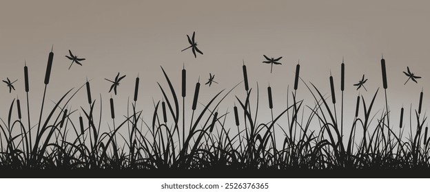 Reeds and dragonflies. Silhouette of lake reeds and flying dragonflies in black on a light background for your design. Vector illustration of EPS 10.