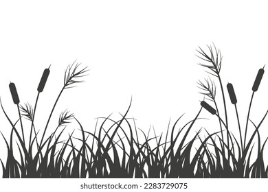  Reeds and grass silhouette. River landscape with plants on white background. Flat vector illustration. 