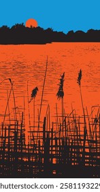 
Reeds on banks of lake sunset silhouette