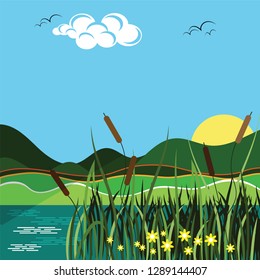 Reeds, sedge and other marsh plants on the shore against the backdrop of the river, distant landscapes and the rising sun. Stylized landscape. Vector illustration