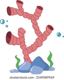 Rama roja de coral de arrecife. Caricatura de la vida oceánica