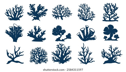 Reef corals silhouettes. Marine reef underwater flora, various coral shapes and sea plant outlines. Aquatic vegetation isolated silhouette decorations vector set.