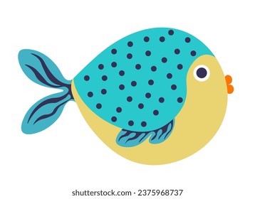 Reef creature, aquarium pet or tropical exotic colorful fish with gills and fin. Animal with dotted body pattern. Marine life, ocean or sea water dweller isolated icon. Vector in flat styles