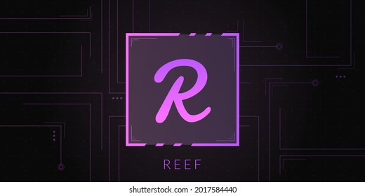 Riff Kryptowährung Logo auf dunklem Hintergrund mit Schaltkreisdekoration.