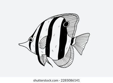 pescado de arrecife en el mar de dibujo de tinta. Pescado de agua dulce. Esbozo de tinta aislado en fondo blanco. Ilustración vectorial dibujada a mano. Estilo retro.