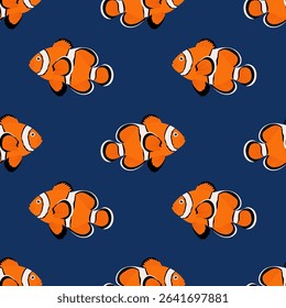 Reef fish. Seamless pattern with clownfish on blue background. For ocean-themed textiles, wallpapers and packaging, postcards or covers.