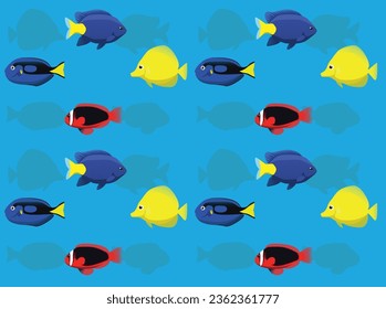 Reef Fishes Dmaselfish Surgeonfish Blue Tang Anemonefish Clown Cartoon Seamless Wallpaper Background