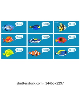 Reef fishes in paper art style. Colorful exotic aquarium fauna vector illustration. Marine ecosystem, ocean underwater wildlife. Caribbean aquatic coral fauna.