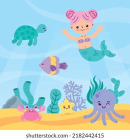 reef with mermaid and ocean animals . vector illustration