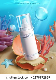 Reef safe skincare product ad. 3D Illustration of skin conditioning product on opened seashell undersea with starfish, pearl, and coral reefs