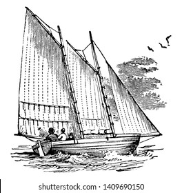 Reef Sails is a certain portion of a sail between the top or bottom and a row of eyelet holes running across the sail, vintage line drawing or engraving illustration.
