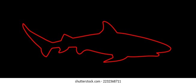 Reef shark line contour vector silhouette illustration isolated on black background. Sea predator. Danger on beach alert. Open jaws beast. Fear for divers and swimmers. Under water alert ocean killer