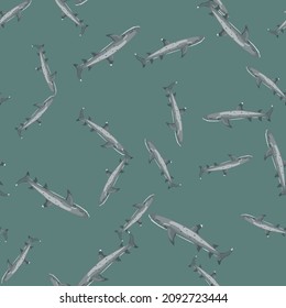Reef shark seamless pattern in scandinavian style. Marine animals background. Vector illustration for children funny textile prints, fabric, banners, backdrops and wallpapers.