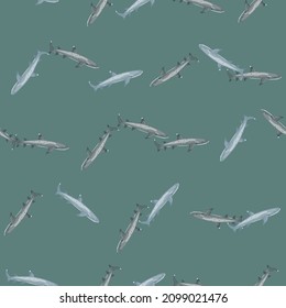 Reef shark seamless pattern in scandinavian style. Marine animals background. Vector illustration for children funny textile prints, fabric, banners, backdrops and wallpapers.
