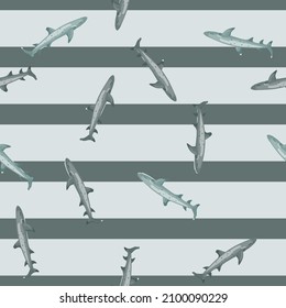 Reef shark seamless pattern in scandinavian style. Marine animals background. Vector illustration for children funny textile prints, fabric, banners, backdrops and wallpapers.