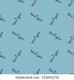 Patrón de tiburón de arrecife sin fisuras al estilo escandinavo. Fondo de animales marinos. Ilustración vectorial para niños con impresiones textiles divertidas, tela, carteles, telas de fondo y papel pintado.