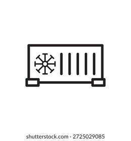 Kühlcontainersymbol, das die Kühlkettenlogistik, den Kühltransport und die temperaturgesteuerte Schifffahrt symbolisiert, die die Sicherheit von Lebensmitteln im Seeverkehr, Kühlgeräte und die globale Konservierung von Fracht repräsentiert.